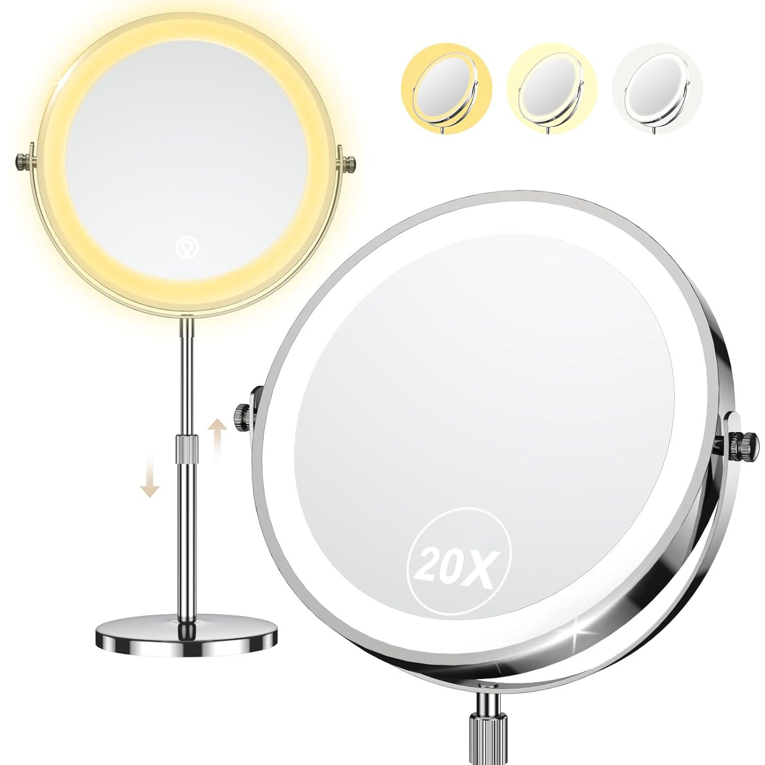 9" Makeup Mirror with Lights, 20X Vanity Mirror with Lights,3 Color Height Adjustable Lighted Makeup Mirror with Magnification, 5000mAh Rechargeable 360° Double Sided LED Mirror for Desk, Women Gift