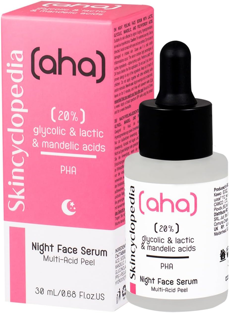 Skincyclopedia AHA Exfoliating Night Serum with 20% Lactic, Glycolic and Mandelic Acid and PHA - Chemical Peel Solution for Spots, Hyperpigmentation, Acne Scars and Pores - for Men and Women, 30ml