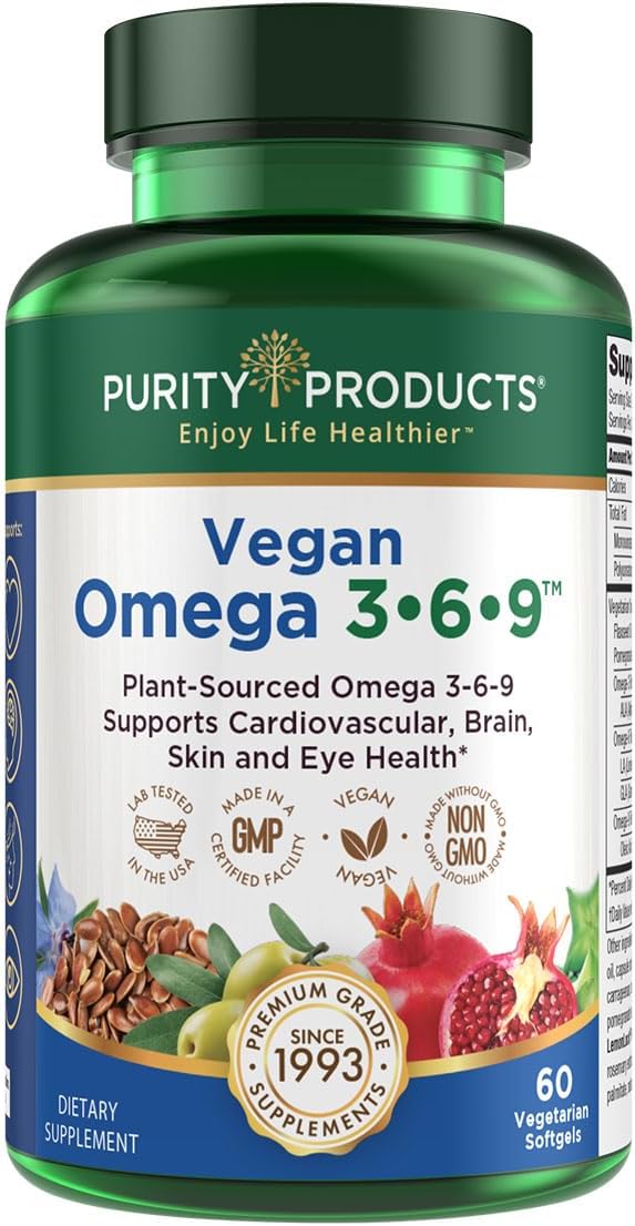 Purity Products Omega 3-6-9 Vegan and Vegetarian Formula - “5 in 1” Essential Fatty Acid Complex - Scientifically Formulated Plant-Based Omega 3 6 9 Essential Fatty Acids (EFA) - from (60)
