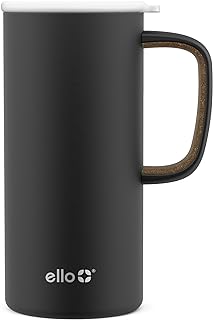 Ello Campy Vacuum Insulated Travel Mug with Leak-Proof Slider Lid and Comfy Carry Handle, Perfect for Coffee or Tea, BPA Free, Matte Black, 18oz