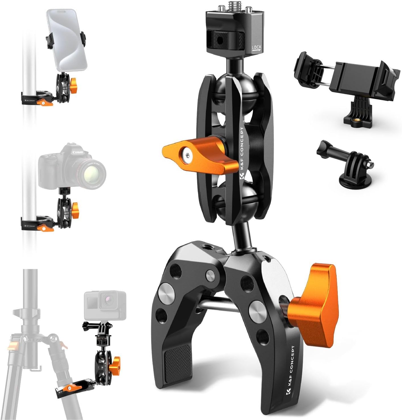 K&F Concept Super Clamp with Dual Ballhead Magic Arm, Camera Mount Clamp with Action Camera Phone Holder, 1/4" Threads Tripod Clamp Compatible with GoPro DJI, MS13