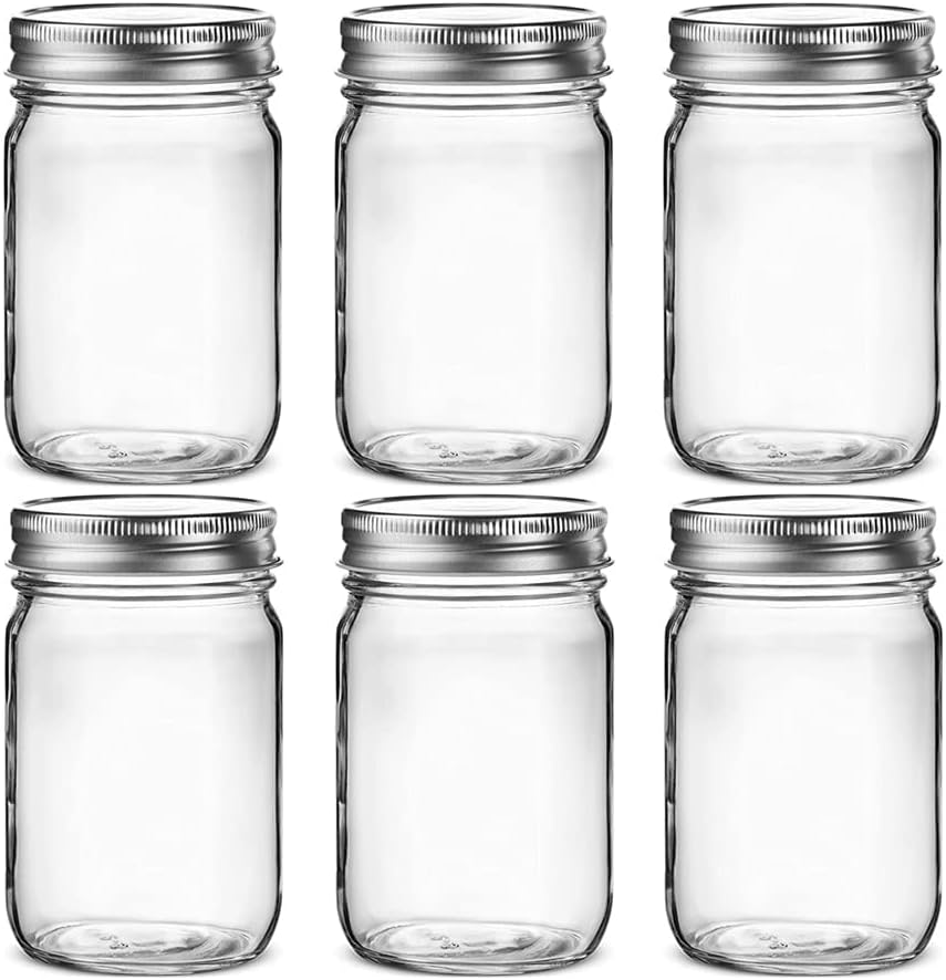 6 pack Glass Regular Mouth Mason Jars, Clear Glass Jars with Silver Metal Lids for Sealing, Food Storage, Overnight Oats, Dry Food, Snacks, Candies, DIY Projects (16 oz