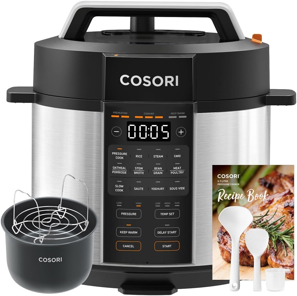 COSORI Pressure Cooker Electric 5.7L, Stainless Steel, 14 Functions(Slow&Rice Cooker, Sous Vide, Cake Maker, etc.), 70% Faster, Non-Stick, 65+ Recipes(Cookbook&Online)