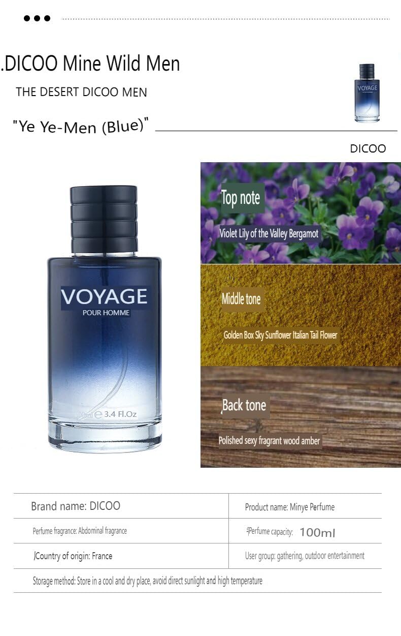DICOO Wild Blue Men's perfume, lasting fragrance, light wood fragrance, strong fragrance and fresh, perfume men, classic cologne perfume (3.4 FLOz)