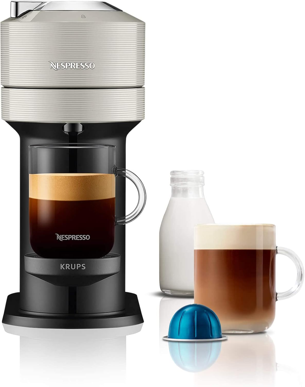 Nespresso Vertuo Next Coffee Pod Machine, Centrifusion Technology, Wi-Fi and Bluetooth Enabled, Energy Saving Design, Multiple Cup Sizes, Compatible with Vertuo Pods by Krups in Light Grey