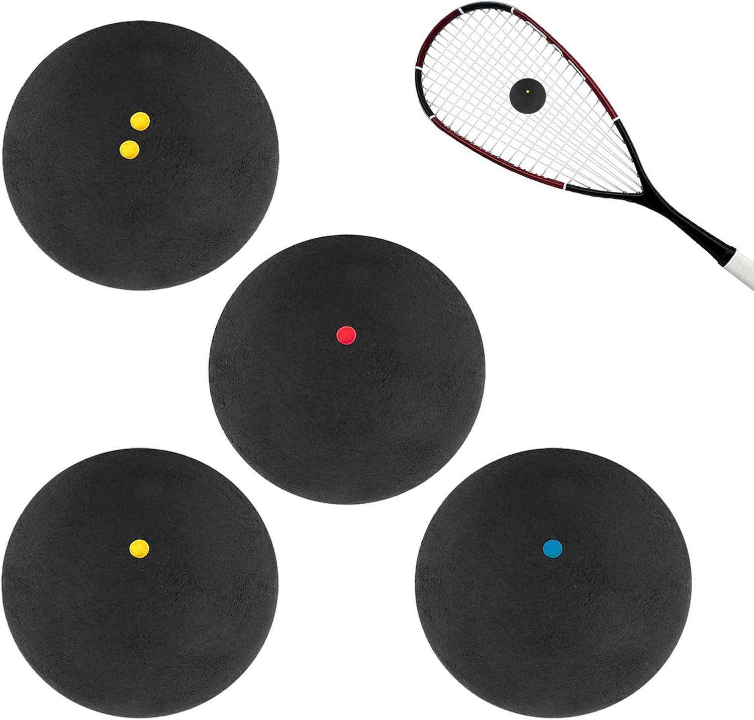 WanderGo Squash Balls, 4Pcs Squash Ball Double Yellow Dot/Single Yellow Dot/Red Dot/Blue Dot Squash Ball for Elite, Intermediate, Beginner, Junior Competition/Training