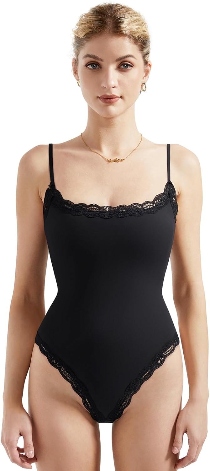 SUUKSESS Women Square Neck Lace Bodysuit Sleeveless Spaghetti Strap Tank Top