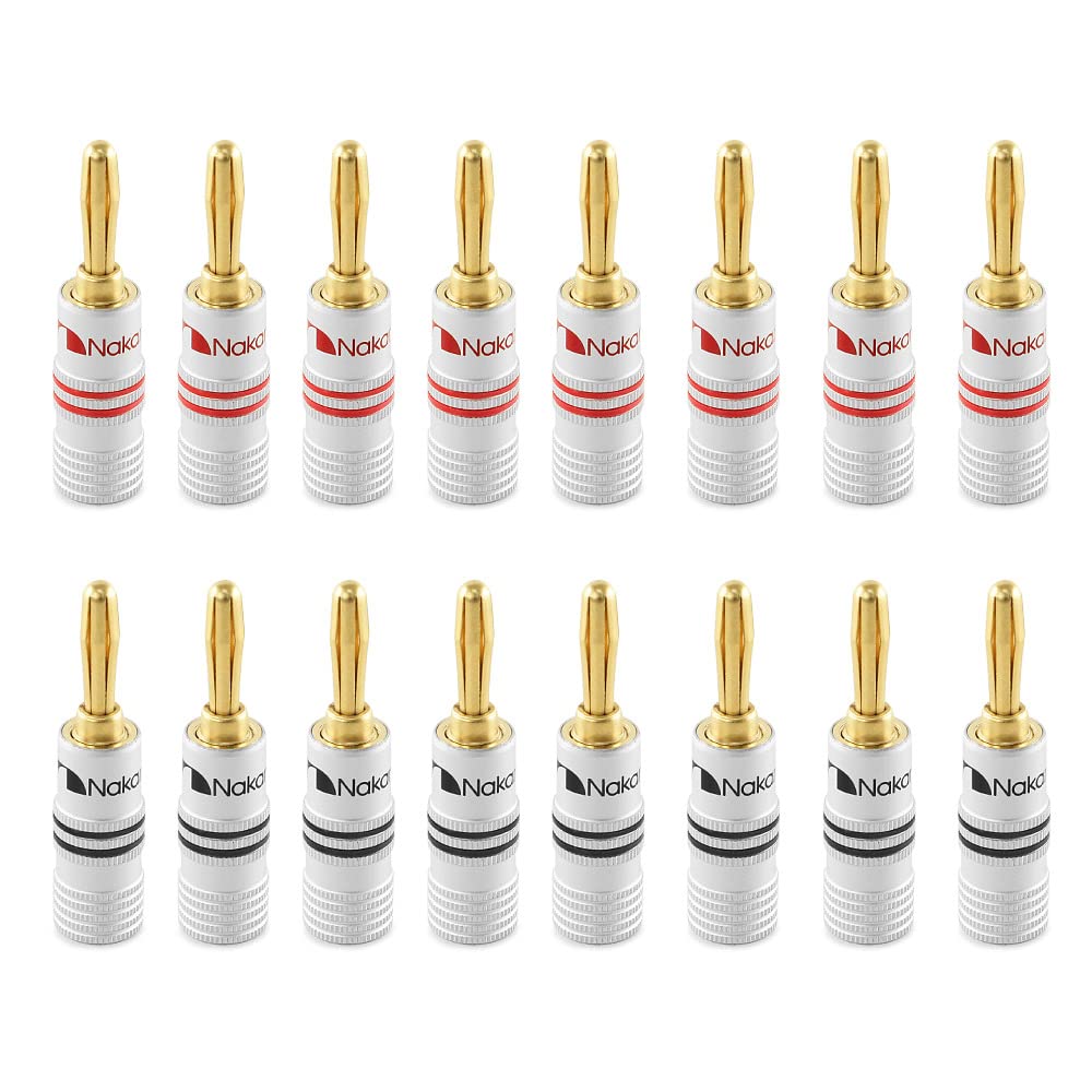 Nakamichi Excel Series 24k Gold Plated Banana Plug 12 AWG - 18 AWG Gauge Size 4mm for Speakers Amplifier Hi-Fi AV Receiver Stereo Home Theatre Audio Wire Cable Screw Connector 16 Pcs (8-Pairs)