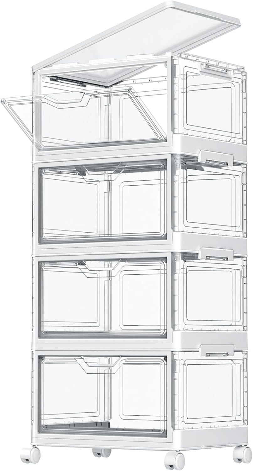 TidyTrove Storage Boxes with Lid - 23L*4 Plastic Storage Box with Front Door, 4 Tier Stackable Boxes, Plastic Drawers, Large Storage Box with Lid for Kitchen Storage & Organisation