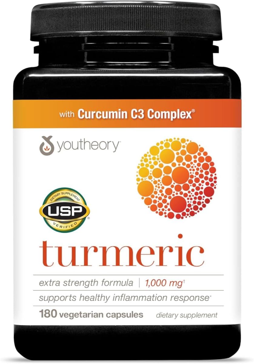 Youtheory Turmeric Extra Strength - 1,000 mg Turmeric Supplement - with 10 mg Black Pepper - Curcumin Joint Support* - Soy, Dairy & Gluten Free - 180 Vegetarian Capsules