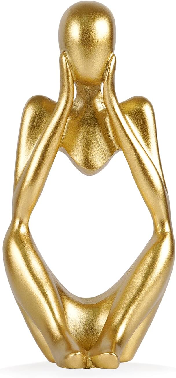 Sandstone Resin Thinker Style Abstract Sculpture Statue Collectible Figurines Home Office Bookshelf Desktop Decor (Small Gold, Focus)