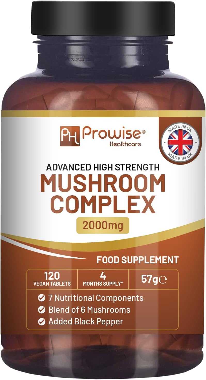 Advanced Mushroom Complex 2000mg | A Super Blend of 6 Mushrooms with Lion's Mane, Chaga, Cordyceps, Shiitake, Reishi and Maitake with Black Pepper | 120 Vegan High Strength Tablets UK Made by Prowise