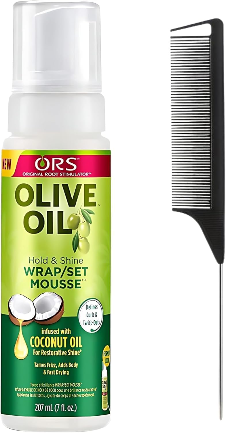 Hair Mousse & Rat Tail Comb Bundle - ORS Olive Oil Curl Mousse, Hair Mousse for Curly Hair, Strong Hold Mousse, Precision Parting Comb