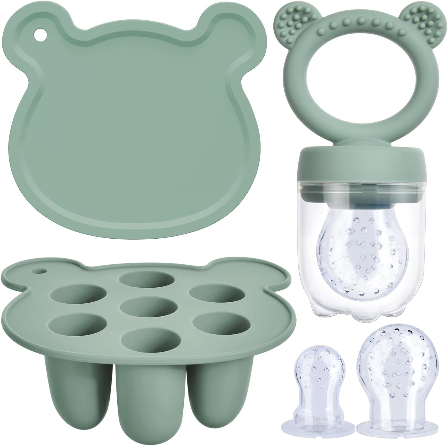 Aolso Baby Fruit Food Feeder Set, Silicone Baby Fruit Feeder Pacifier & Breastmilk Popsicle Food Freezer Trays, Baby Food Storage Containers Feeder for Safe Infant Self Feeding (Green)