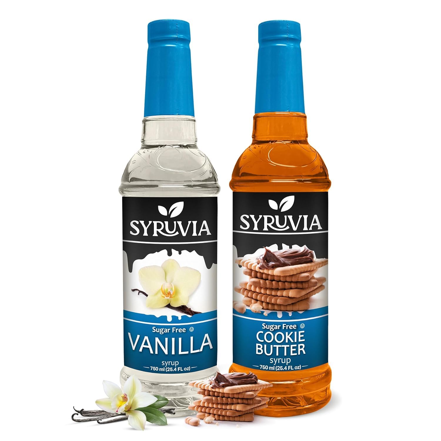 Syruvia Sugar-Free Vanilla and Sugar-Free Cookie Butter Coffee Syrup - 25.4 fl oz. Premium Coffee Flavoring Syrup. Ideal for Enhancing Drinks, Sodas, Shakes, Desserts, and More.