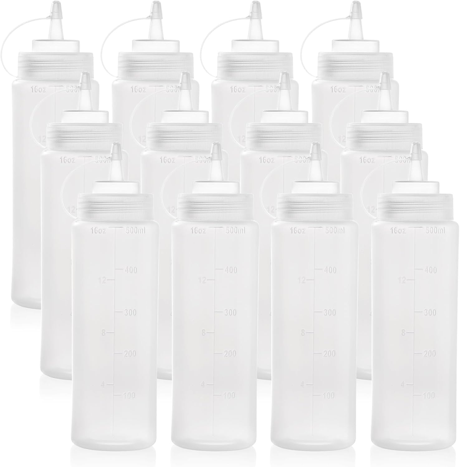 Bekith 12 pack 16 Oz Wide Mouth Plastic Squeeze Condiment Bottles with Twist On Cap Lids and Discrete Measurements, Empty Squirt Bottle For Sauce, Ketchup, Paint