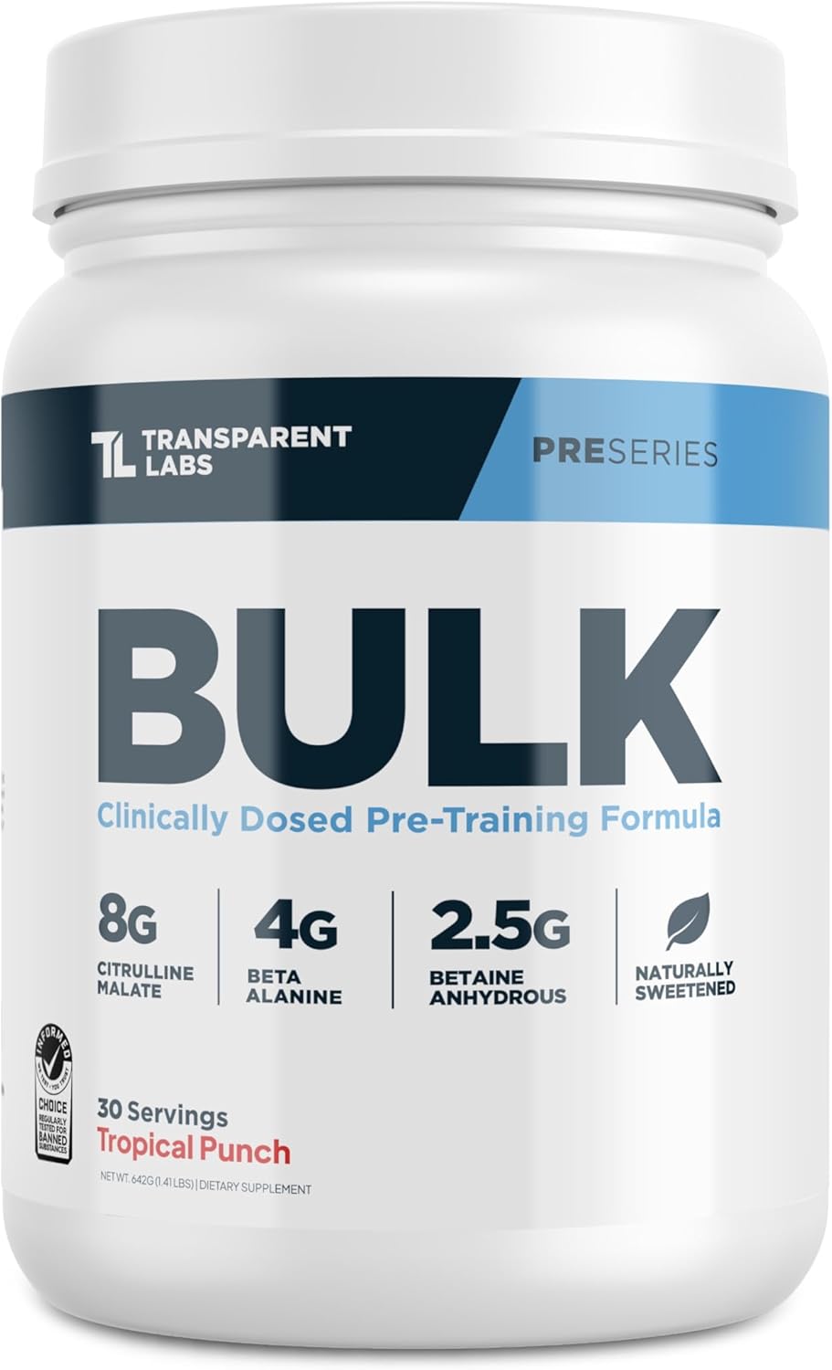 Transparent Labs Bulk Pre Workout Powder - Naturally Sweetened Advanced Pre-Workout Formula for Muscle Building and Strength - 30 Servings, Tropical Punch