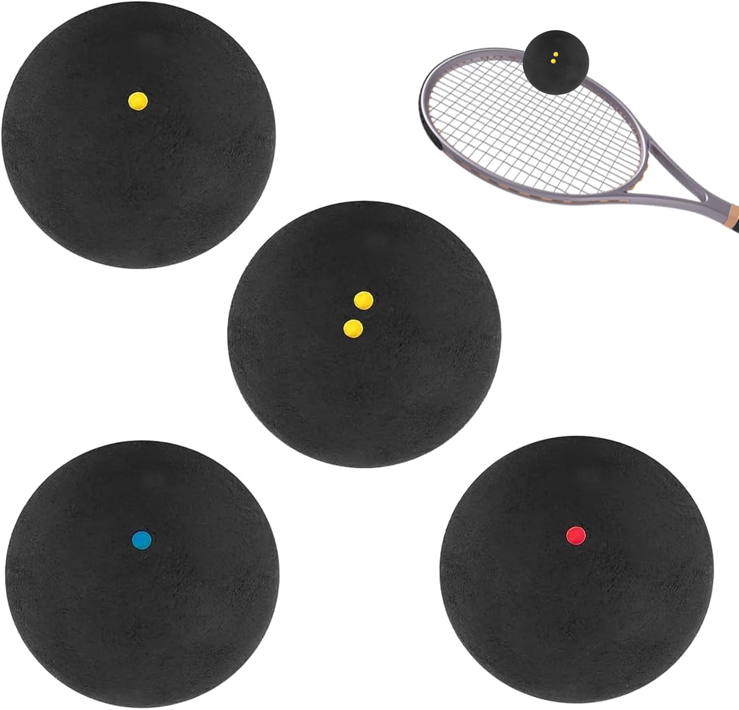 Bettinay 4PCS Squash Ball, Double Yellow Squash Balls Single Yellow Blue and Red, for Elite Intermediate Beginner Junior Competition and Training