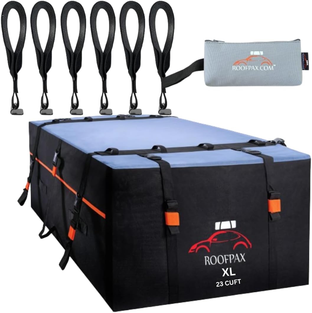RoofPax Bundle of XXL 23 cft. Extra Waterproof Rooftop Cargo Carrier Bag & 6 Rooftop Cargo Tie Down Hook Straps for Strapping Down Any Car Top Luggage.