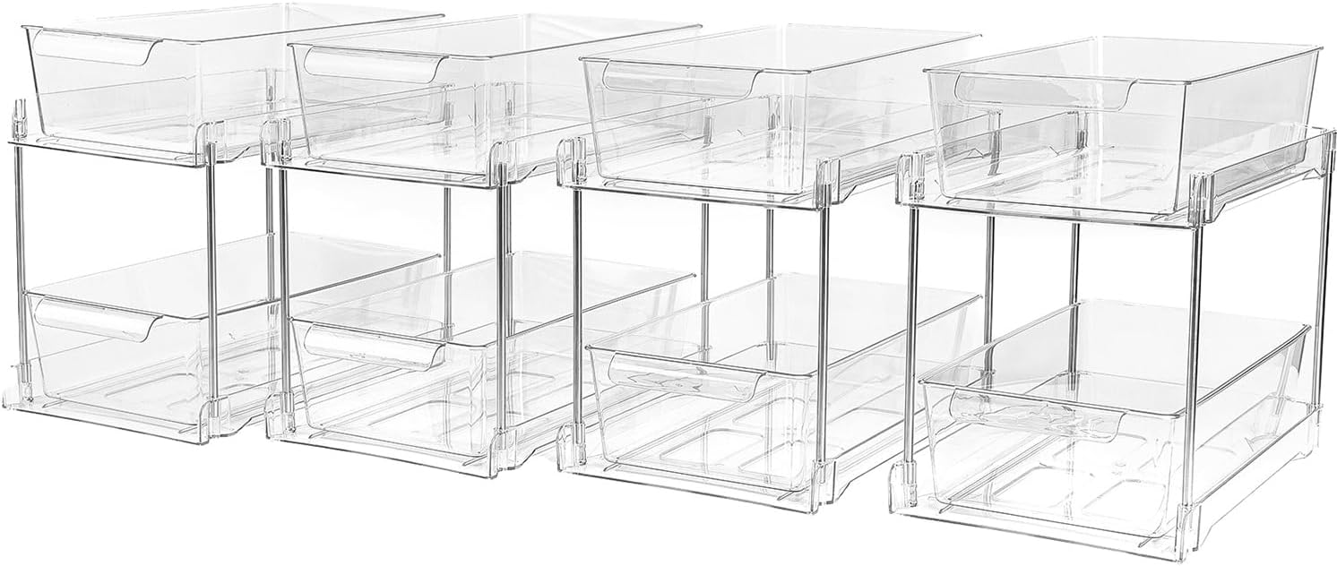 4Pack 2-Tier Bathroom Storage Organizer, Clear Under Sink Organizers Kitchen Vanity Counter Storage Container, Medicine Cabinet Drawers Bins, Pull-Out Organization with Track for Pantry