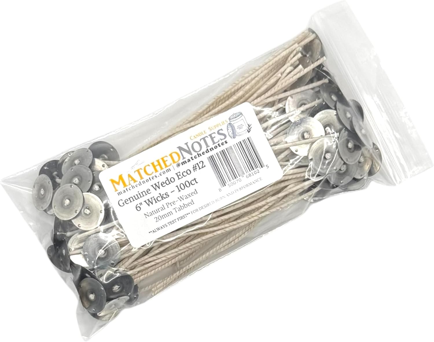 100ct Genuine Eco 12 Candle Wicks - 6" Length - 20mm Wick Tab - Natural Wax Coating - Top Selling Wick
