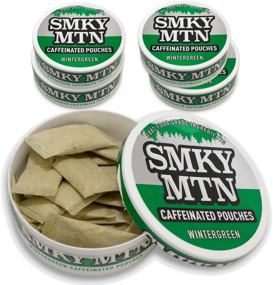 Smokey Mountain Caffeinated Pouches - Wintergreen - Tobacco Free and Nicotine Free - 5 Can Box - 15 Pouches Per Can