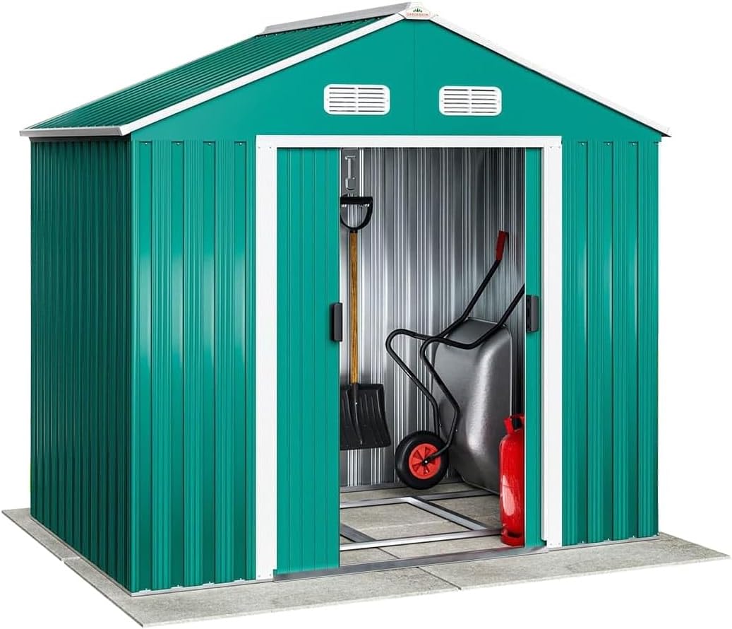 GARDEBRUK® Large 6x4' Metal Tool Shed With Foundation | 2m² 4m³ | Apex Roof | 196x132x188cm | Sliding Door | Galvanised Steel Garden Equipment Bike Log Storage | Green