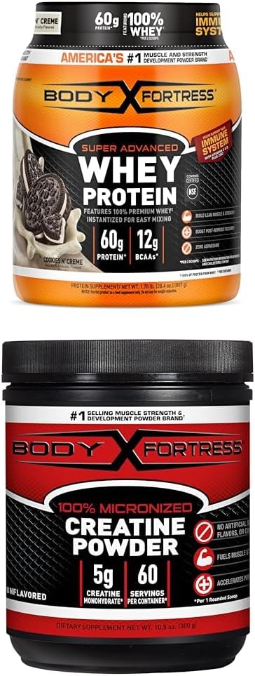 Bundle of Body Fortress Super Advanced Whey Protein Powder, Cookies N’ Creme 1.78 lbs + Body Fortress 100% Micronized Creatine Monohydrate Powder, 300g (60 Servings, 5g Scoop) – Unflavored