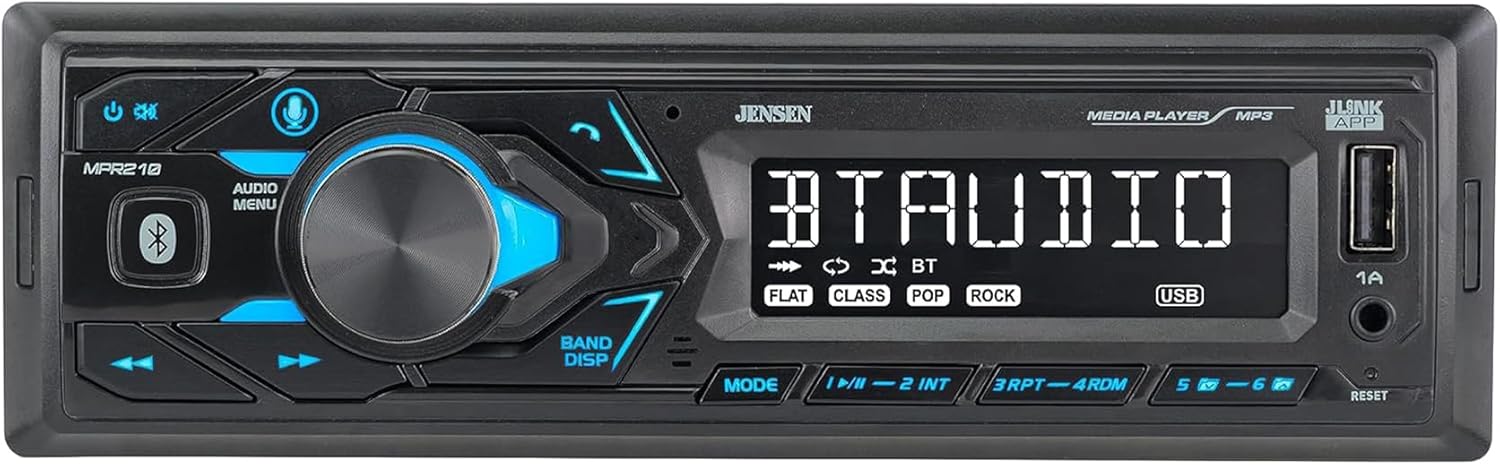 JENSEN MPR210 7 Character LCD Single DIN Car Stereo Radio | Push to Talk Assistant | Bluetooth Hands Free Calling & Music Streaming | AM/FM Radio | USB Playback & Charging | Not a CD
