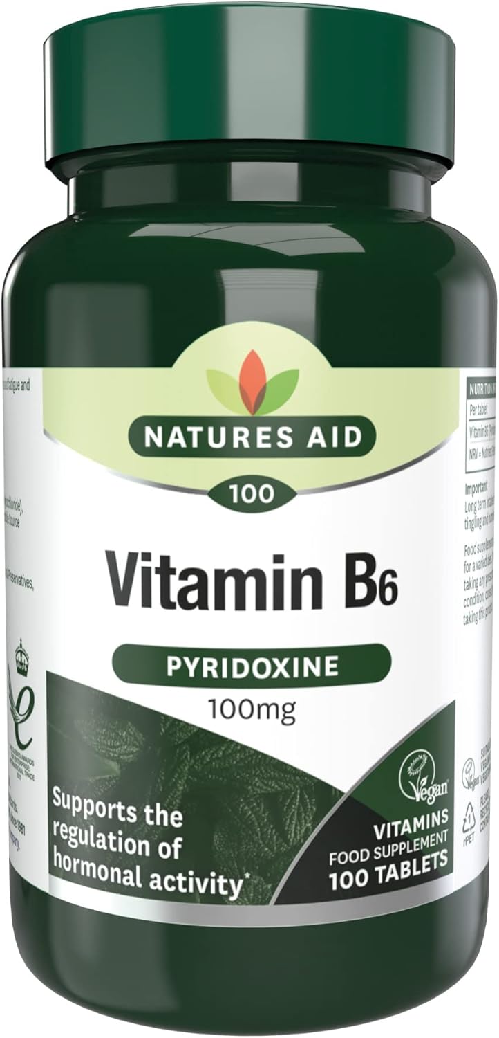 Natures Aid Vitamin B6 100mg – High Strength Pyridoxine – Supports Energy, Hormonal Balance & Nervous System – Vegan, Gluten-Free, Non-GMO Daily Food Supplement – 100 Tablets