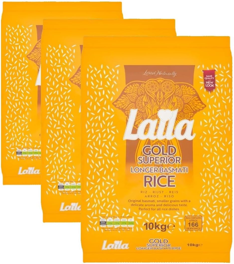 Laila Longer Basmati Rice 10Kg, Fluffy and Aromatic Rice Basmati Style, Rice With Long Grain, Gluten Free Rice for Curry, Biryani or Pilaf, 10Kg Basmati Rice (Pack of 3)
