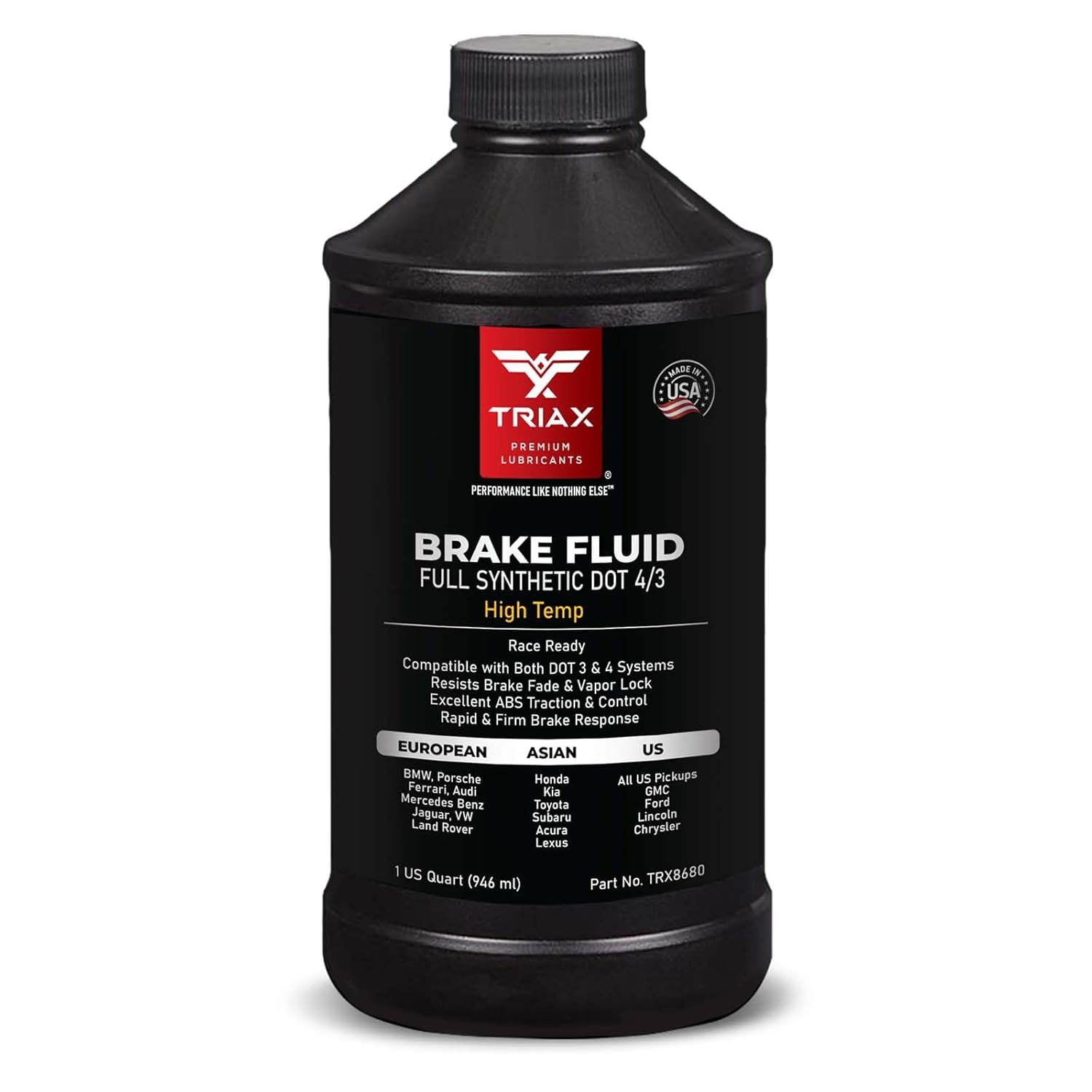 TRIAX Brake Fluid DOT 3&4 - Full Synthetic, High Temp, Heavy Duty, All-Vehicle, Race Ready - European, Asian, & US Vehicles - Resists Brake Fade & Vapor Lock, ABS Traction & Control (1 Quart)