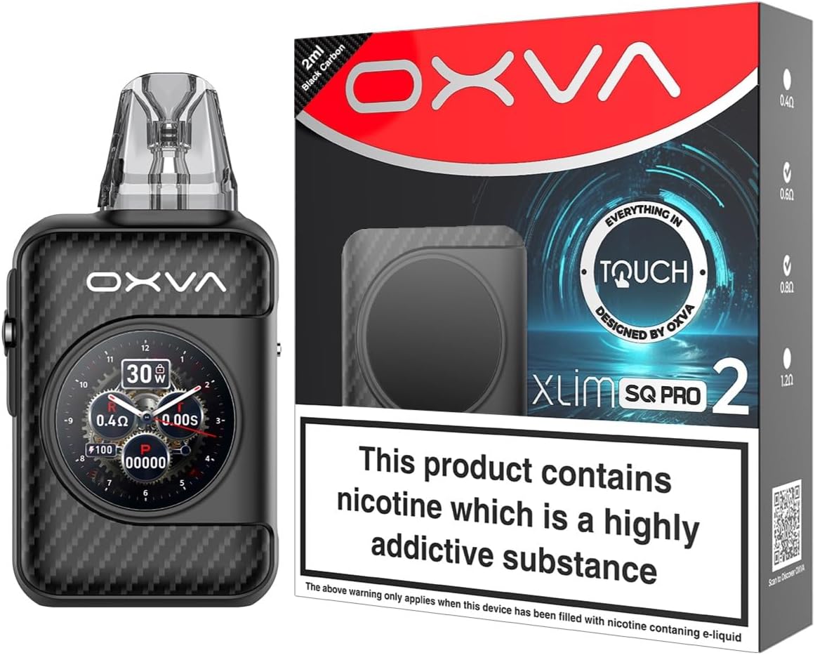 TVDC Xlim S-Q- Pro 2 Pod Kit For Oxva Coils - 1600mAh Battery, HD Smart Touch Screen, Real-Time Puff Diary, 30W Output - Type-C Fast Charging | 2ml Cartridge, No Nicotine (Black Carbon)