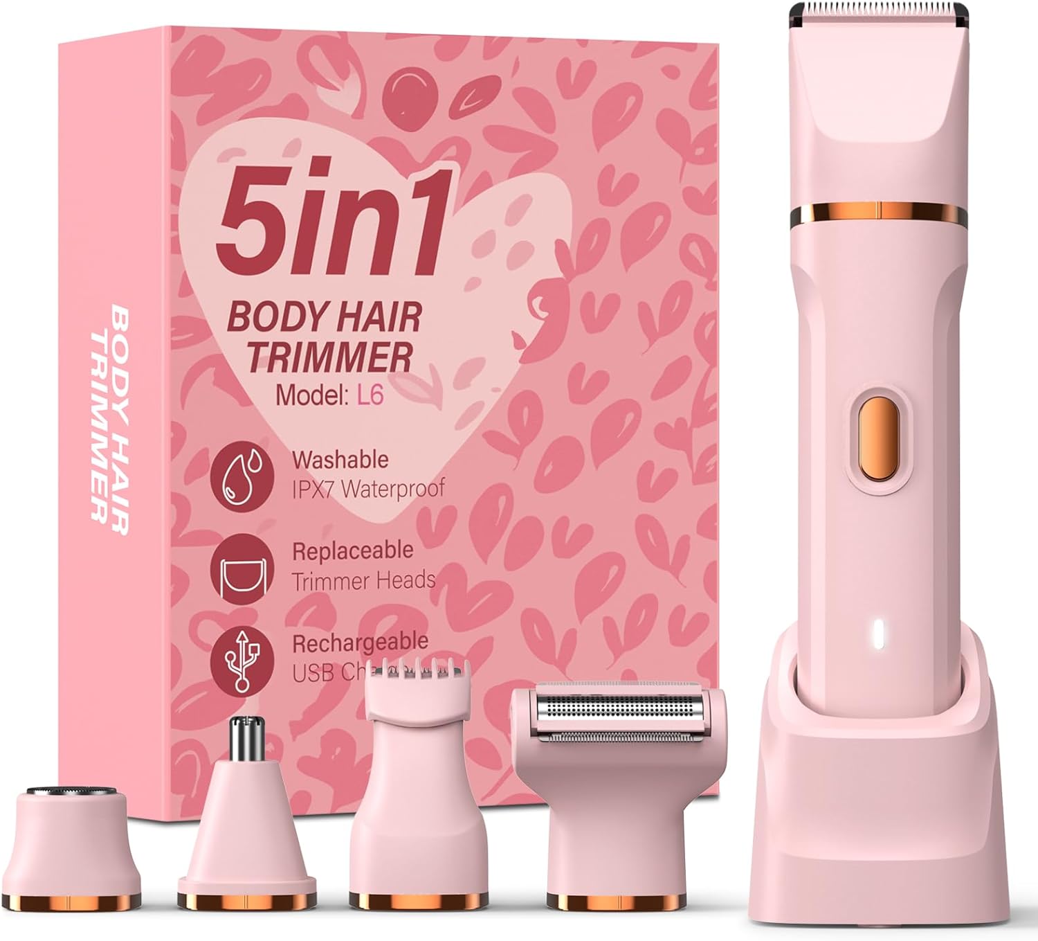 5-in-1 Bikini Trimmer for Women, IPX7 Waterproof Electric Razors Shaver, Cordless Body Hair Trimmer, Facial & Pubic Hair Removal, Ceramic Blade (Pink)