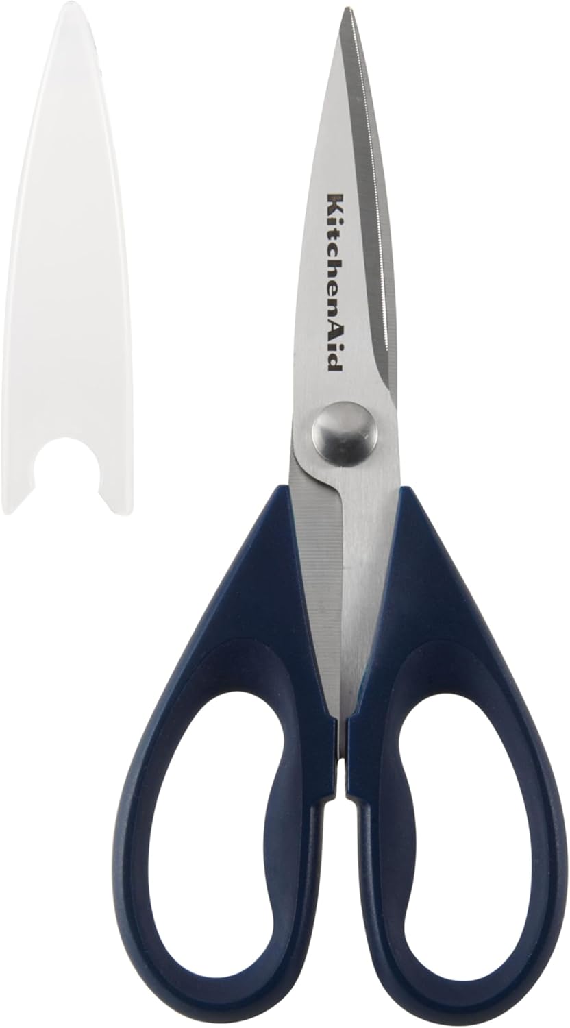 KitchenAid All Purpose Kitchen Shears with Protective Sheath Durable Stainless Steel Scissors, Dishwasher Safe, Soft Grip Comfort Handle, 8.72 Inch, Ink Blue