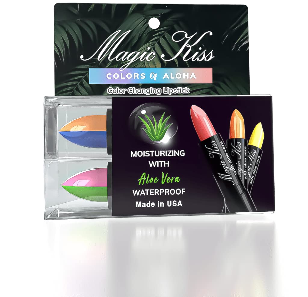Magic Kiss Color Changing Matte Lipstick set, Long Lasting Nutritious Lips Moisturizer Magic Temperature Color Change Lip Balm with Aloe Vera MADE IN USA (2 Pack - Split A Green/Pink & Blue/Orange)