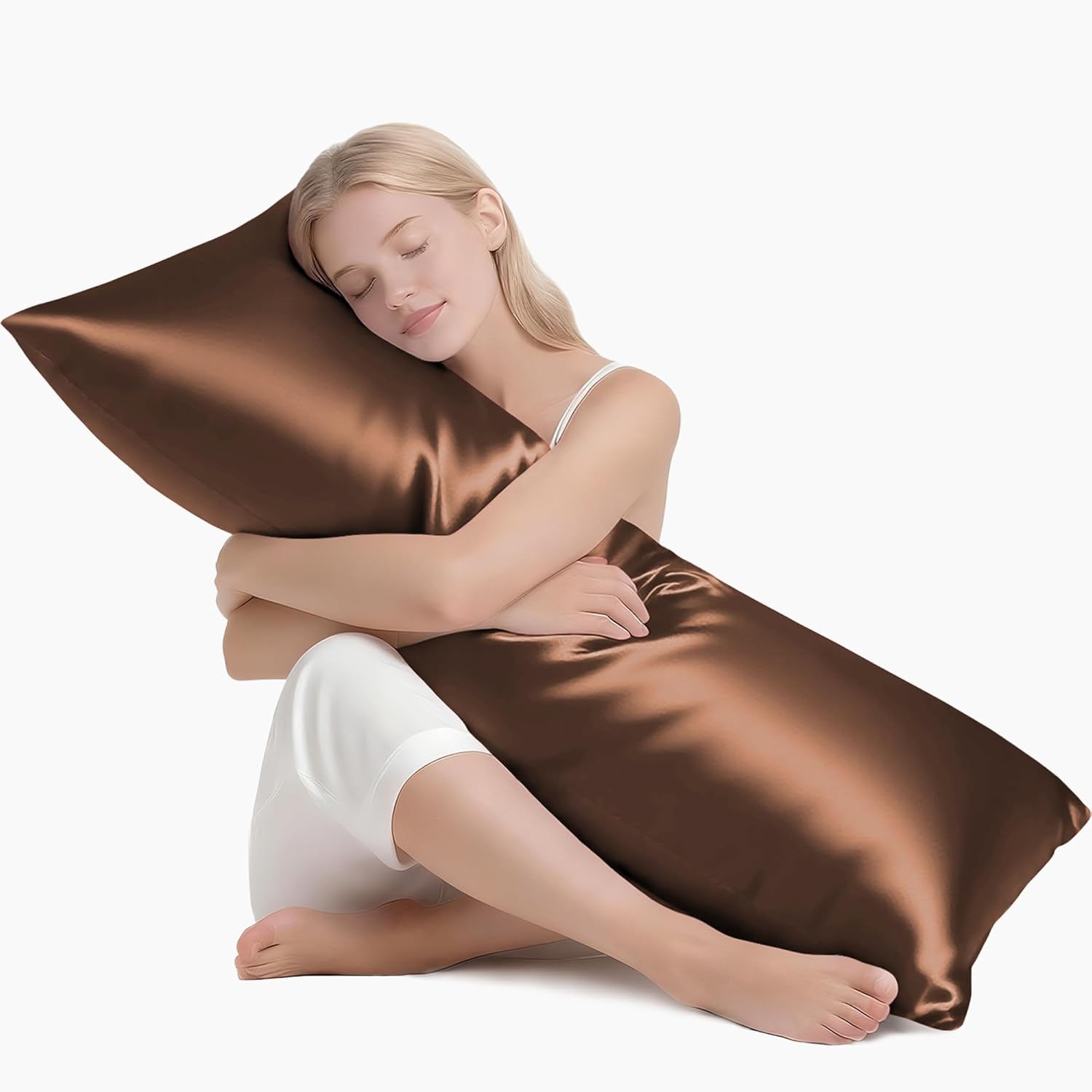 MR&HM Satin Body Pillow Cover, Soft and Breathable Body Pillow Case with Envelope Closure, Cooling and Silky Long Pillowcase for Hair and Skin,Grey (20x54, Brown)