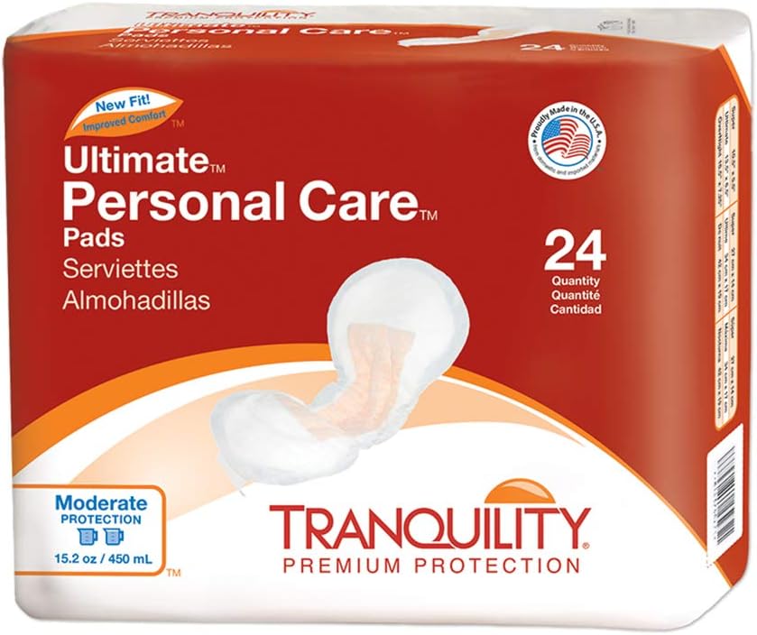 Tranquility Incontinence Personal Care Pads, Ultimate Absorbency, Promote Dryness and Protect Against Leakage, Soft Lining& Adhesive Strip for Secure Fit in Underwear, 15.2oz Capacity, 24ct Bag