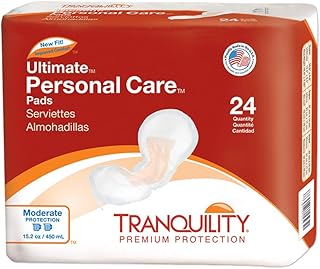 Tranquility Incontinence Personal Care Pads, Ultimate Absorbency, Promote Dryness and Protect Against Leakage, Soft Lining& Adhesive Strip for Secure Fit in Underwear, 15.2oz Capacity, 24ct Bag