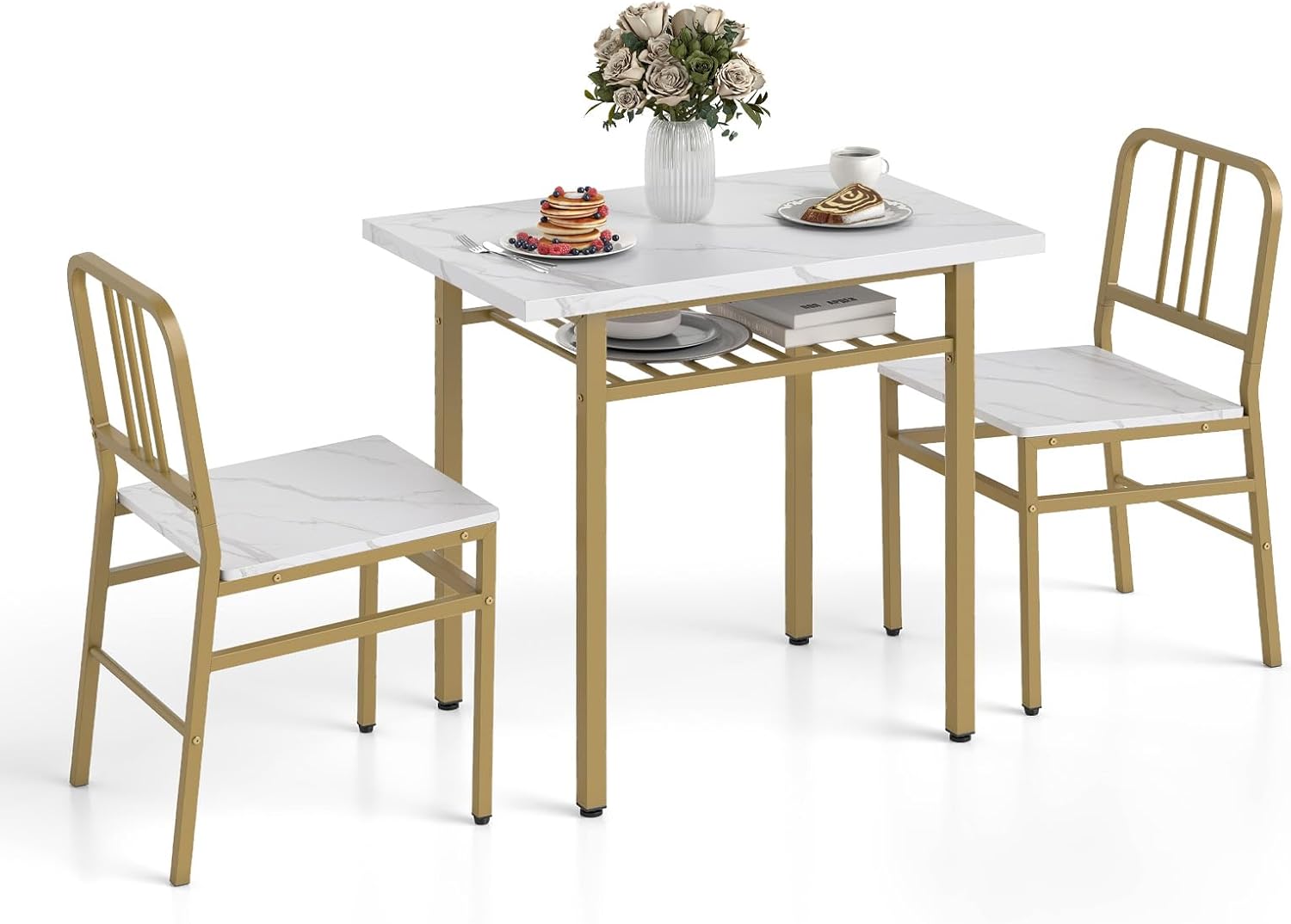 COSTWAY 3 Piece Dining Table Set, Rectangular Breakfast Kitchen Table and Chairs with Storage Rack, Metal Legs & Adjustable Foot Pads, Space Saving Counter Dining Room Set (White + Gold)