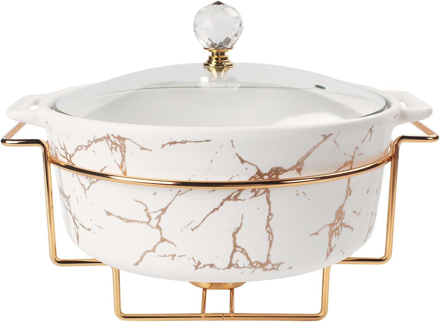 Ceramic Casserole Dish with Glass Lid and rack, 2 Quart Serving Soup Tureen,Chafing Dish for Buffet, Family Food preserve Tray, Catering Casserole for Party Style,10.2 Inch