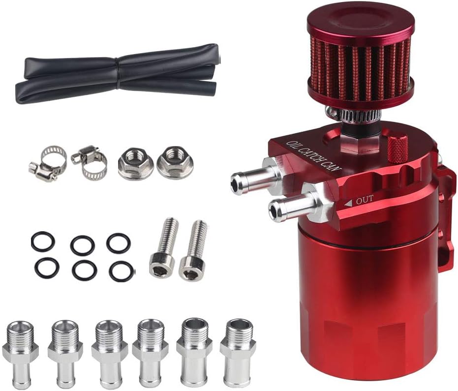 JDMON Oil Catch Can Tank Kit with Breather 300ml Aluminum Polish Engine Air Oil Separator Tank Reservoir Kit Universal (Red)