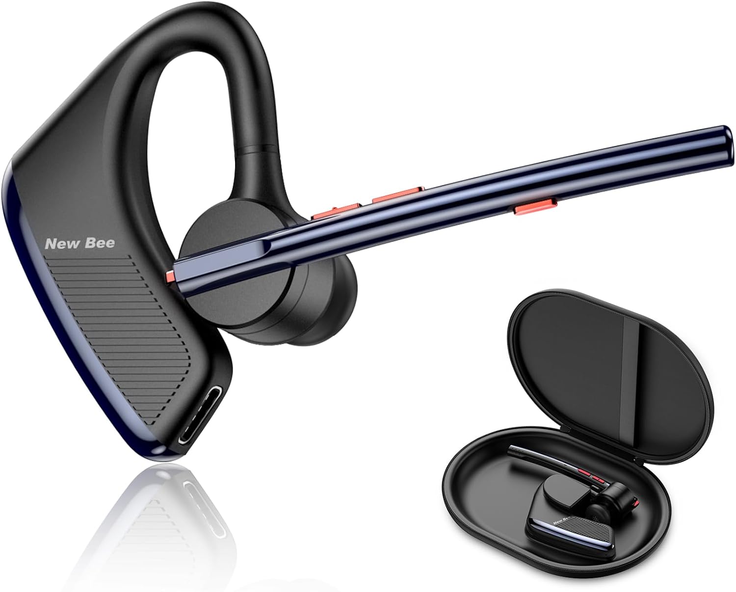 New Bee Bluetooth Headset 24Hrs Talktime CVC8.0 Dual Mic Noise Cancelling Bluetooth Earpiece V5.2 Wireless Headset for Cell Phone/iPhone/Android/Driver/Business/Office(Blue)