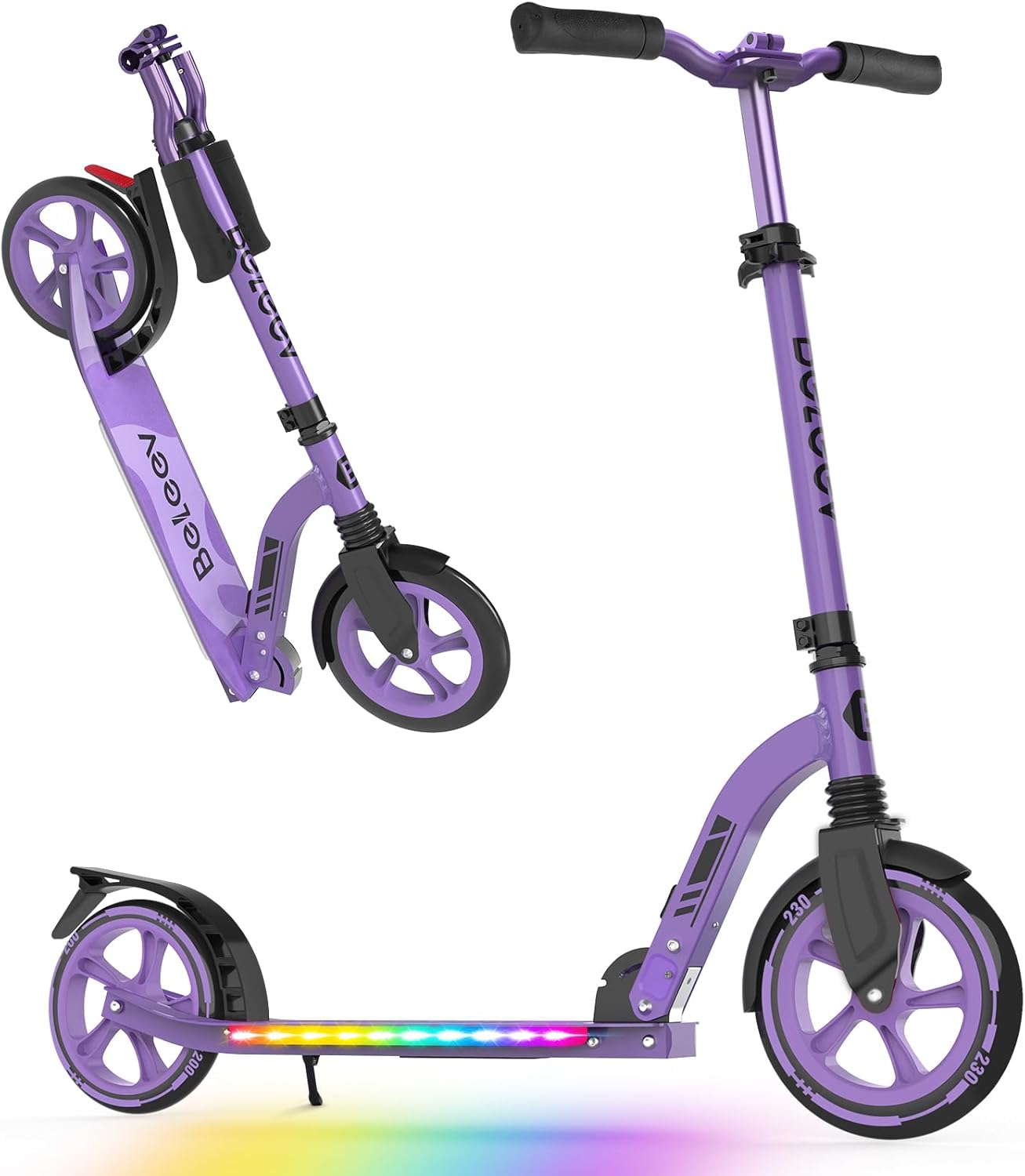 BELEEV V10 Big Wheel Scooter for Kids Ages 6+ with Light-Up Deck, 2 Wheel Folding Scooter for Adults Teens, 5 Adjustable Height, Lightweight Sport Commuter Scooters with Carry Strap, Max Load 220 lbs