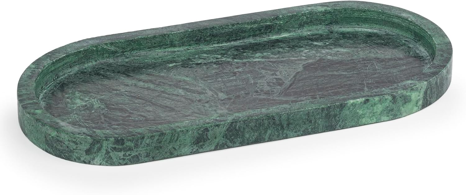EHC Natural Marble Bathroom Vanity Tray - Oval, Green, 25 x 11.5 x 2 cm - Countertop Sink Storage Organiser for Cosmetic, Perfume, Home Decor