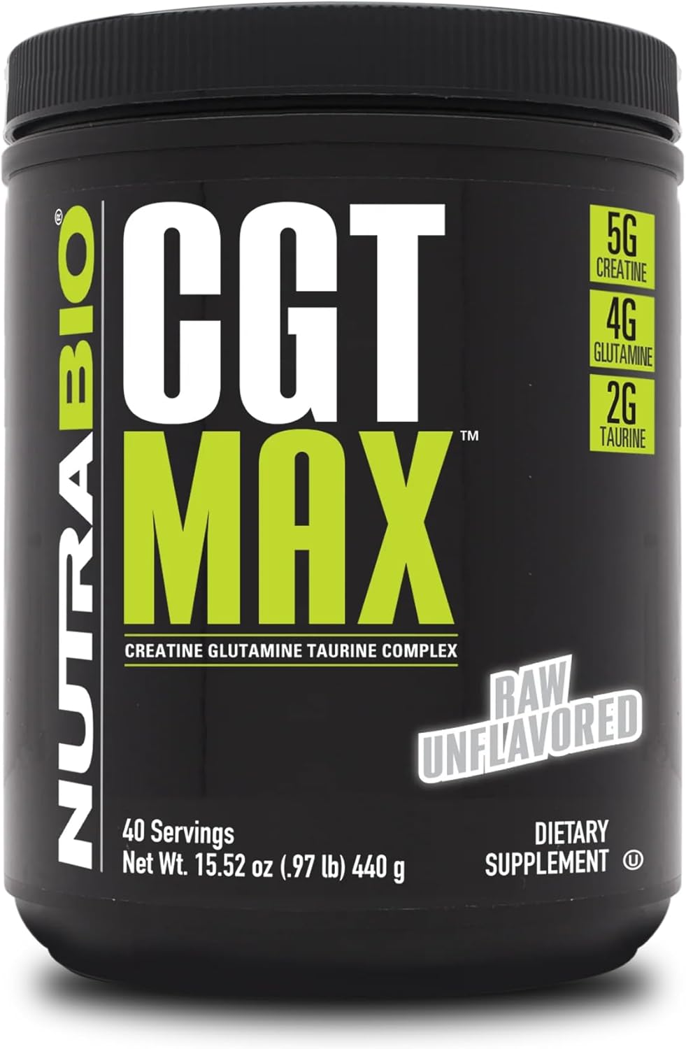 NutraBio CGT-MAX Powder- Creatine, Glutamine and Taurine to Support Muscle Recovery and Strength - 40 Servings - Unflavored