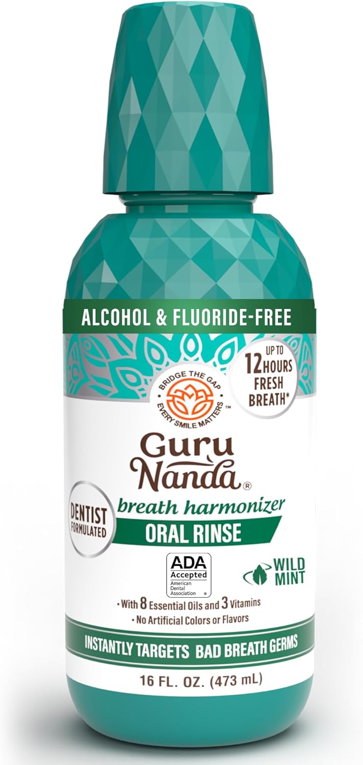 GuruNanda Fresh Breath Mouthwash, ADA-Accepted, Alcohol & Fluoride-Free, Sodium Chlorite, Essential Oils & Vitamins, 12-Hrs Fresh Breath, Wild Mint, 16 oz