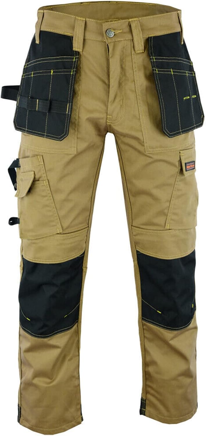 WrightFits Men Pro Builder Work Trousers Black & Grey - Heavy Duty Safety Combat Cargo Pants - Multi Pockets - Knee Pad Pockets - Triple Stitched - Durable Workwear (28W to 48W)