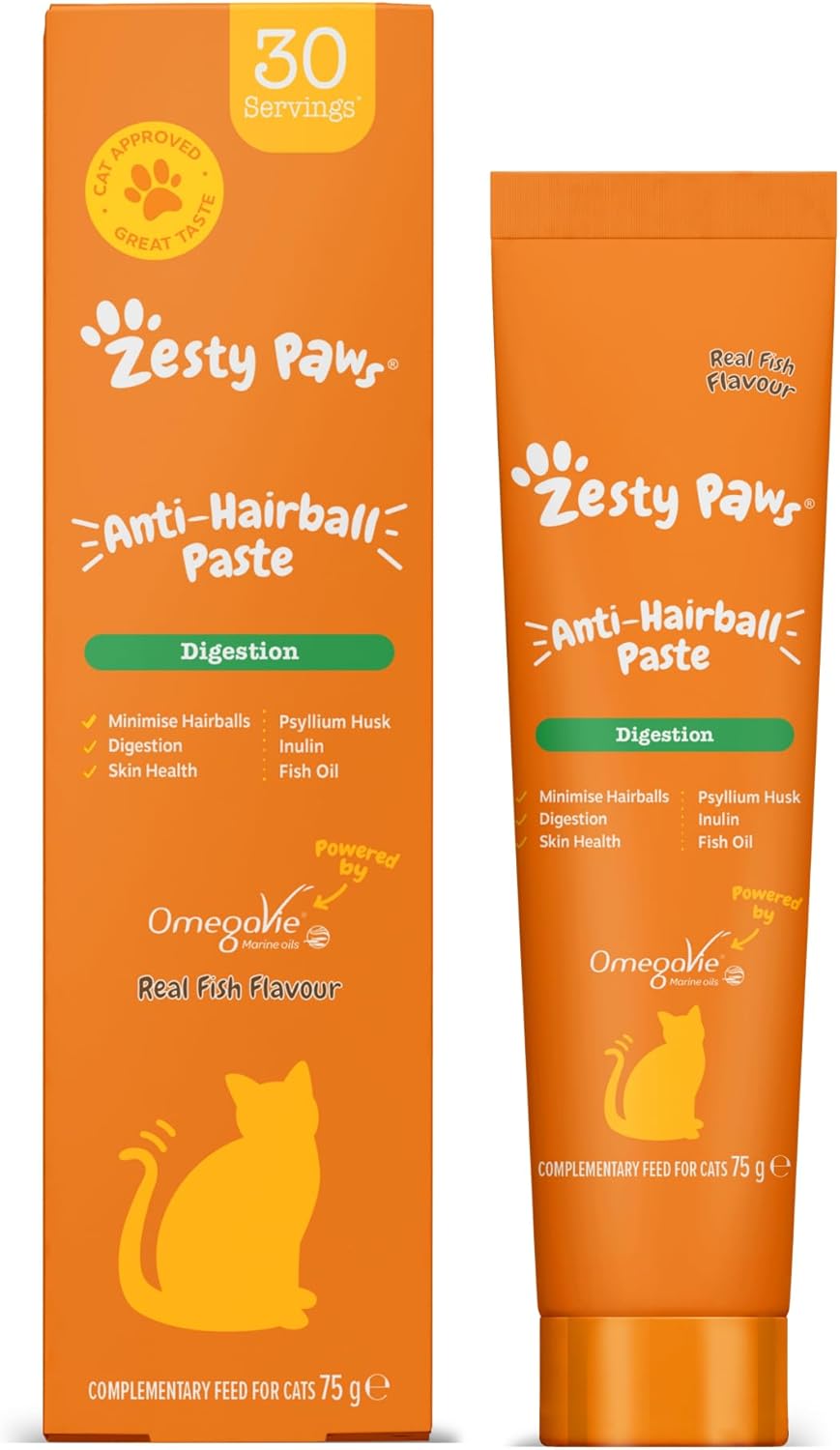 Zesty Paws Cat Anti-Hairball Paste | Minimise Hairballs |Digestion |Skin & Coat Health | Fish Oil | OmegaVie | Psyllium Husk | Inulin | Malt Extract | Real Fish Flavour | 75 g