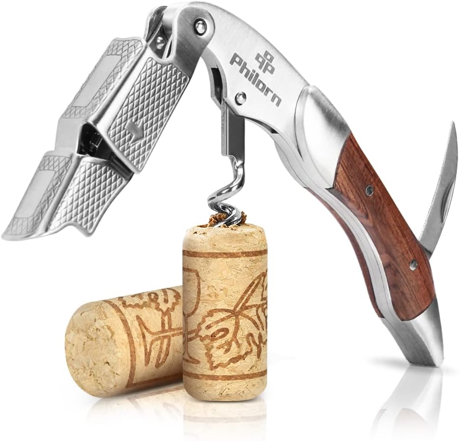 Philorn Professional Wine Opener Corkscrew Bottle Opener Foil Cutter All-in-one Stainless Steel Cap Remover with Rosewood Handle Best Choice of Housewives Sommeliers Waiters and Bartenders